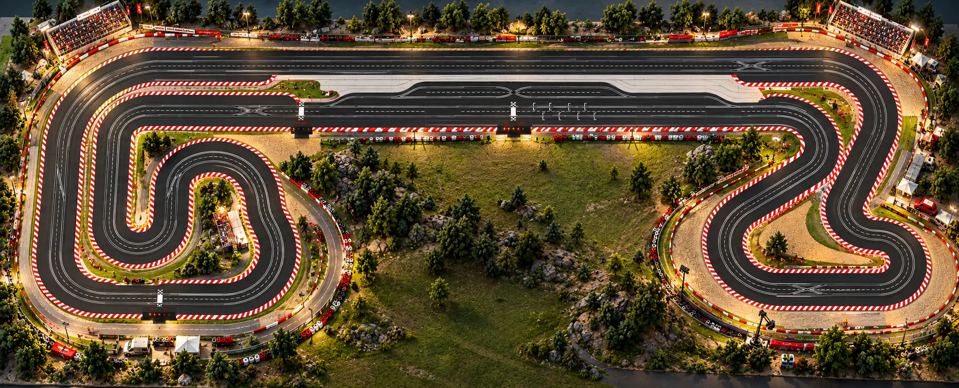 Beleuchtetes Diorama des 30 Meter langen ARTHOS CIRCUIT mit Tribünen, Bäumen und Rennstreckenlandschaft
